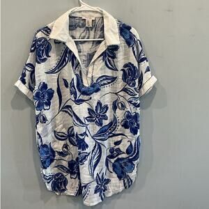 Haute Hippie Womens Gauzy Tunic Top Blue White Tropical Beach Vacay Lightweight